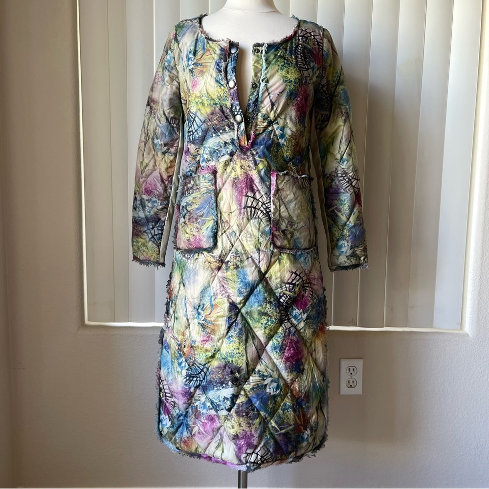 Transet Green Beige Purple Floral Feather Down Dress Cheongsam Qipao StyâŚ